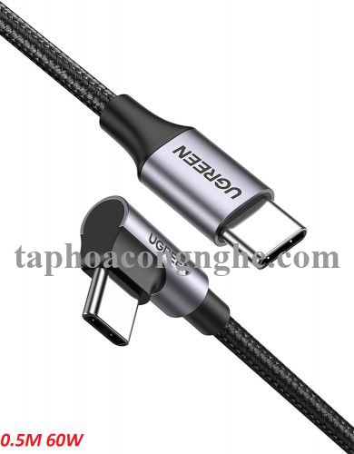 Ugreen 50122 0.5M 60W bẻ góc 90 độ hỗ trợ sạc nhanh PD cáp USB type C màu đen mạ nickel đầu bọc nhôm US255 30050122